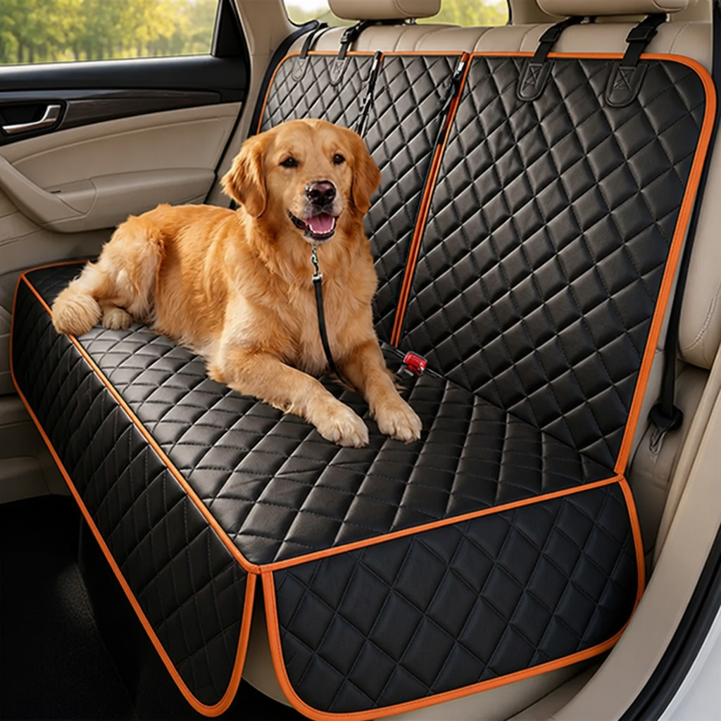Golden retriever lying on the black quilted seat cover with orange edging, fitted across a car's cream rear bench. 1
