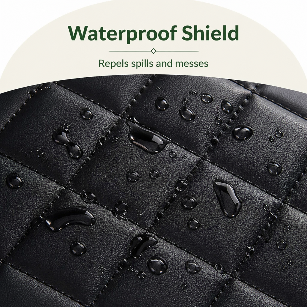 Close-up of the black quilted faux leather surface with water droplets beading on top, showing its waterproof finish. 3