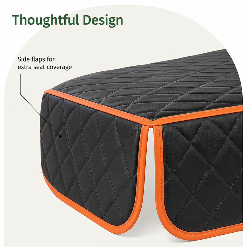 Close-up of one side flap of the quilted cover, edged in orange, which hangs down to protect the sides of the seat. 4