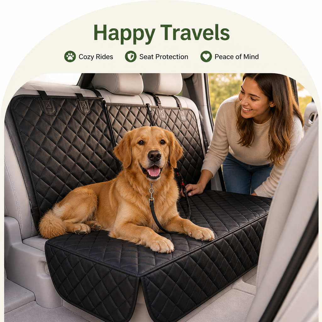 Smiling woman leaning into a car beside a golden retriever resting on the black quilted cover fitted over the rear seat. 5
