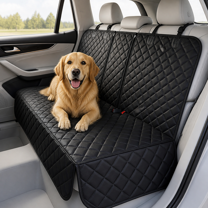 Golden retriever sitting on the black quilted cover fitted to a light grey rear seat, with black edging and headrest straps. 7