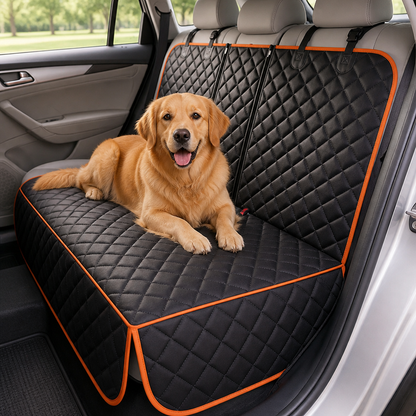 Golden retriever lying on the black quilted cover with orange trim, secured to the headrests in a car's rear seat. 8
