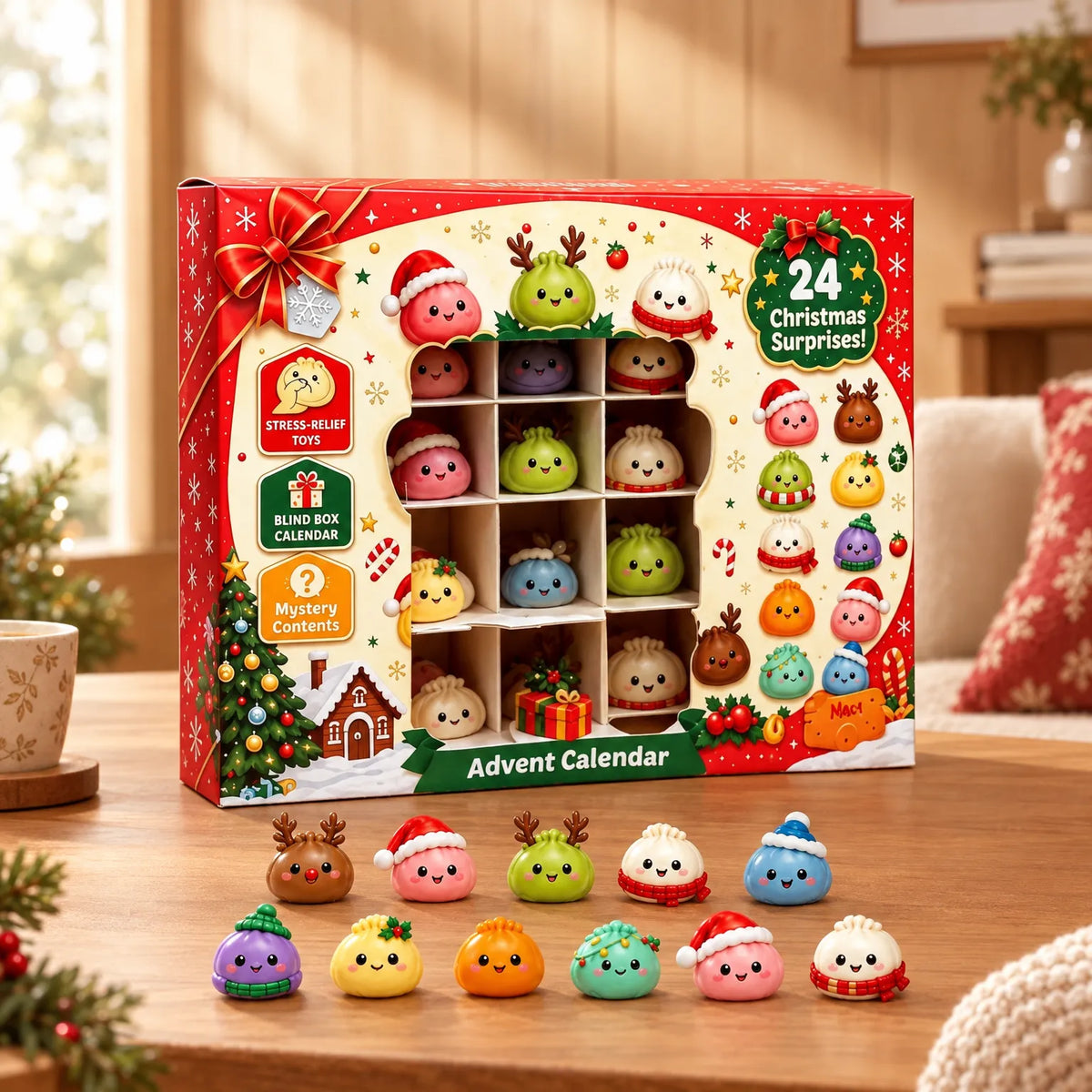 Red festive advent calendar box with a window showing dumpling figures, ten of them lined up on a wooden table beside it. 1