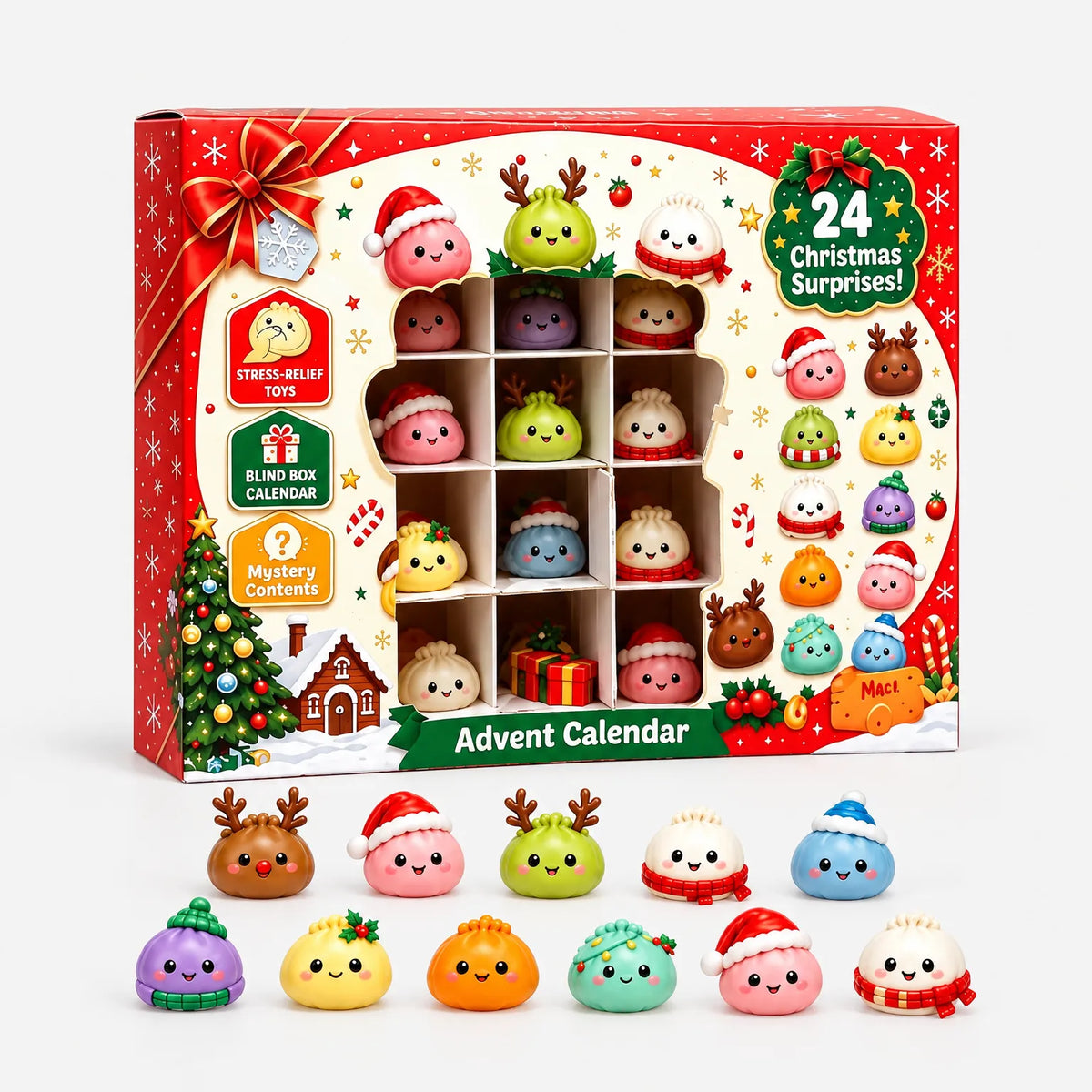 Advent calendar box with a cut-out window of stacked compartments, shown on a plain white background with eleven colourful dumpling figures in front. 2