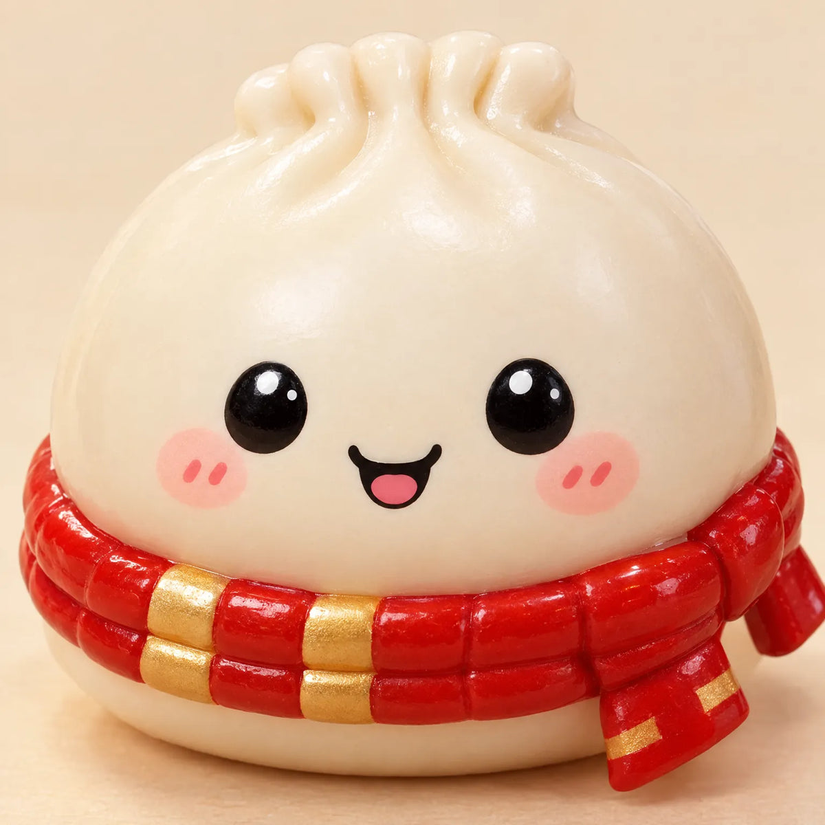 Close-up of a cream dumpling figure with a smiling face, pink cheeks and a glossy red and gold scarf. 3
