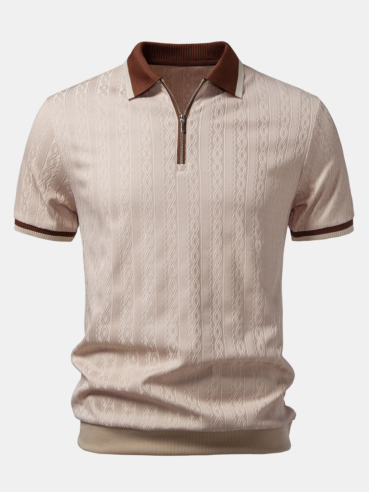 Front view of the beige textured knit polo with brown contrast collar, striped cuffs and silver quarter zip. 1