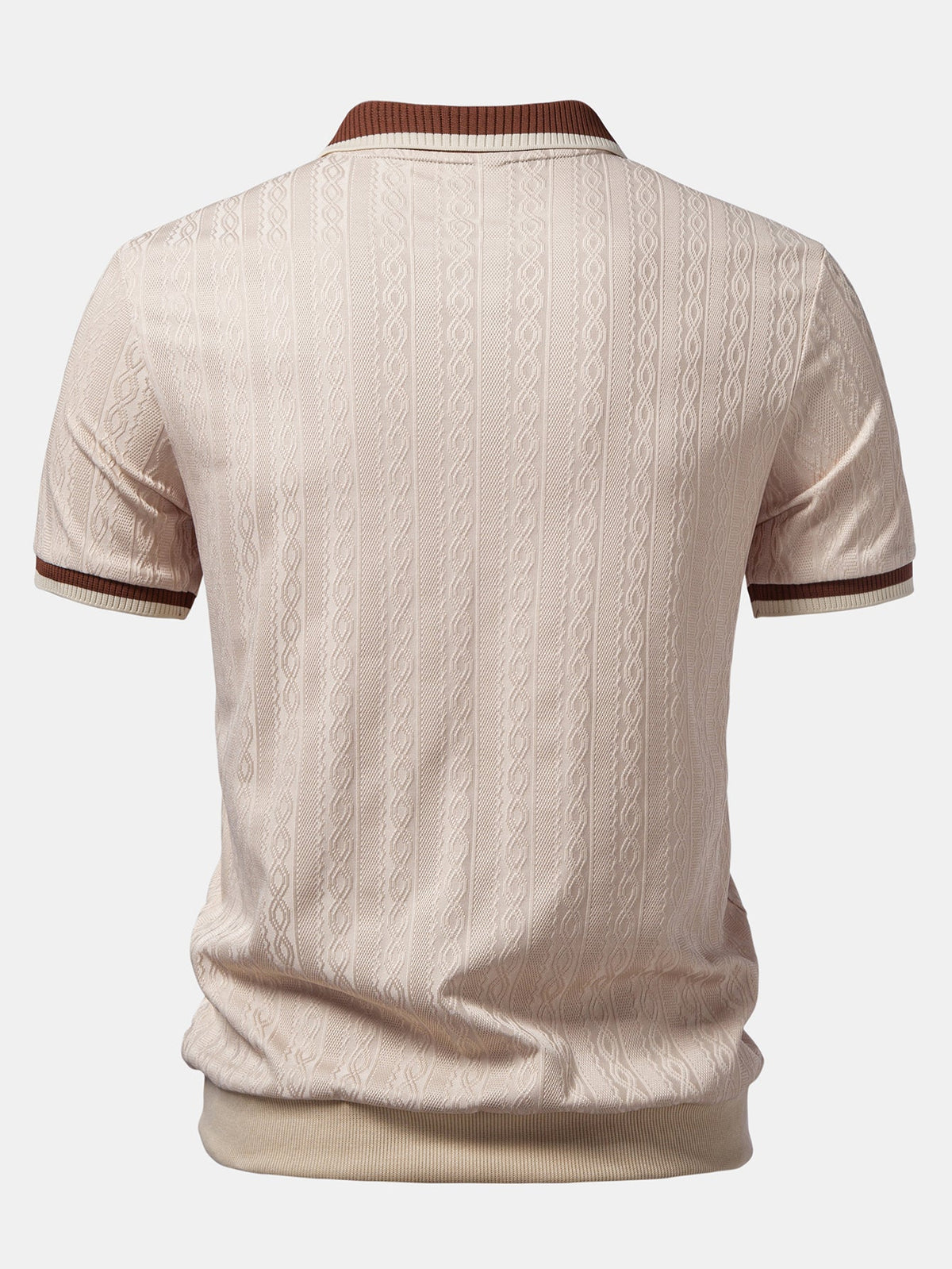 Back view of the beige polo showing the cable-style textured knit, brown and cream collar edge and ribbed hem. 2
