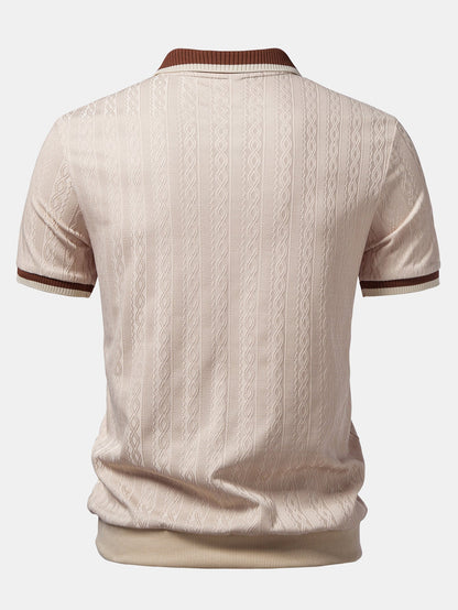 Back view of the beige polo showing the cable-style textured knit, brown and cream collar edge and ribbed hem. 2