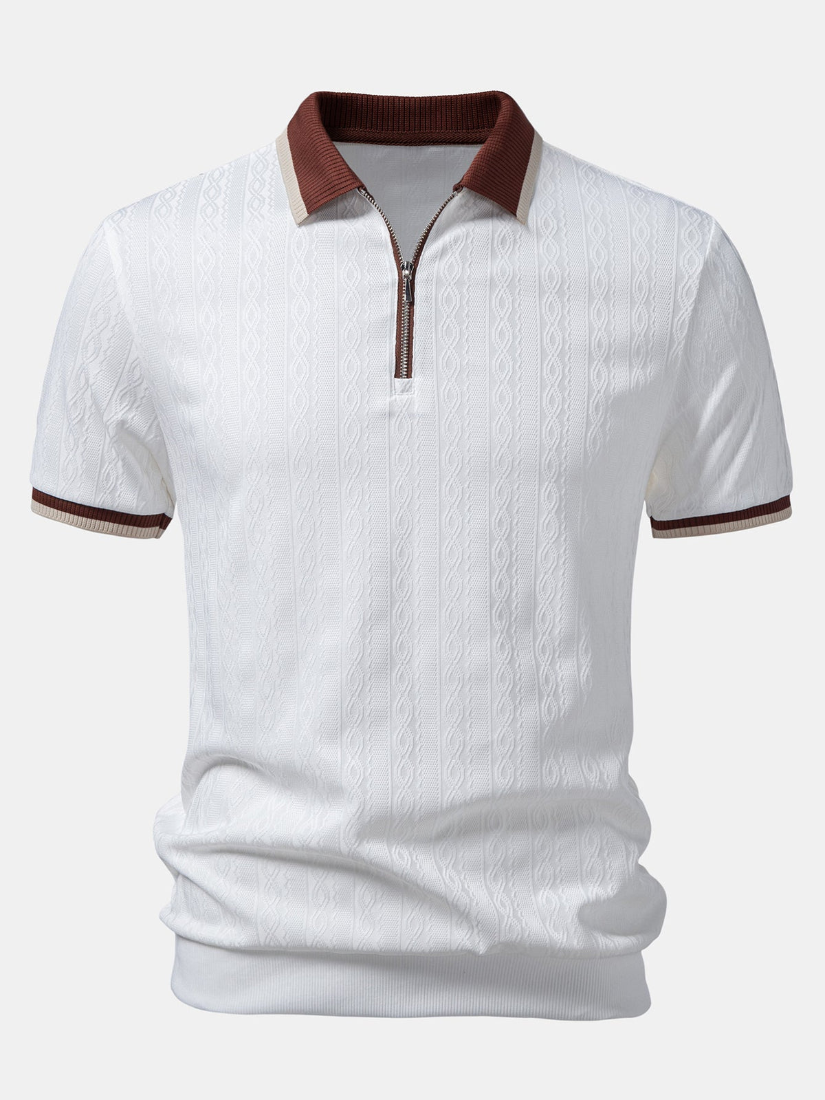 Front view of the white version, with brown and cream collar trim, zip placket and striped sleeve cuffs. 5