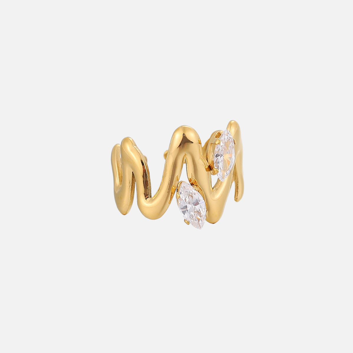 Side view of the gold-tone wavy ring, showing its rippling band and two clear marquise stones set along it. 2