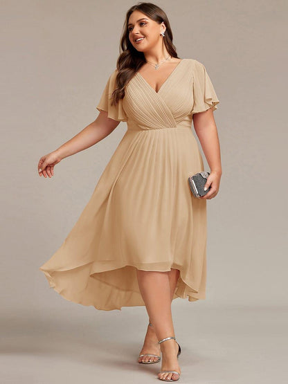 Chiffon High Low Wedding Guest Dress with V Neck and Short Sleeves 153