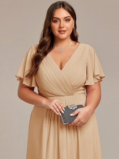 Chiffon High Low Wedding Guest Dress with V Neck and Short Sleeves 155