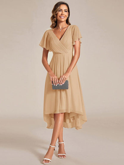 Chiffon High Low Wedding Guest Dress with V Neck and Short Sleeves 150
