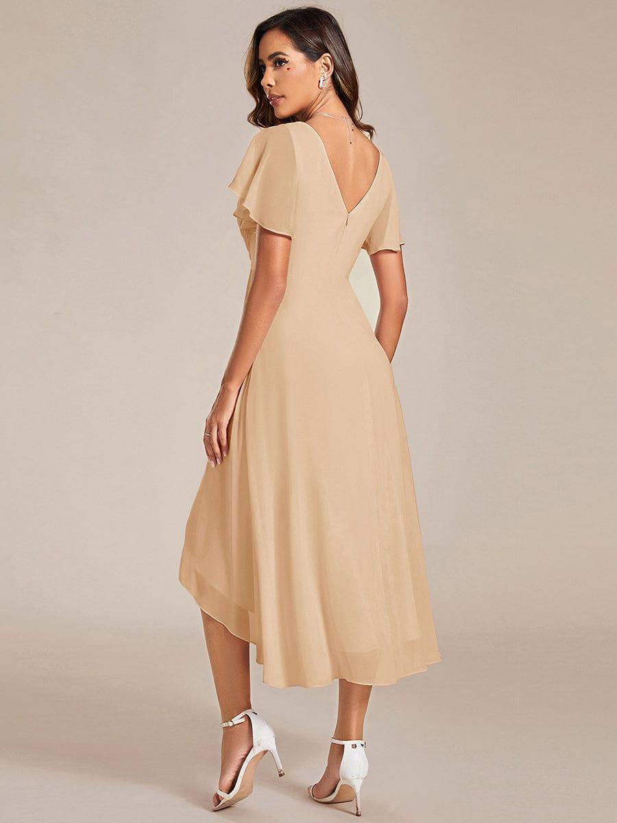 Chiffon High Low Wedding Guest Dress with V Neck and Short Sleeves 151