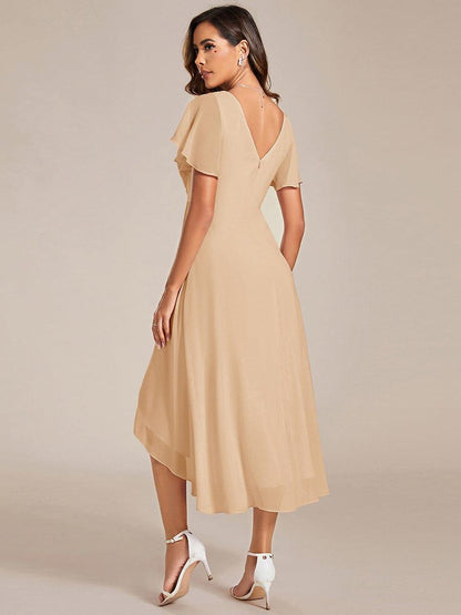 Chiffon High Low Wedding Guest Dress with V Neck and Short Sleeves 151