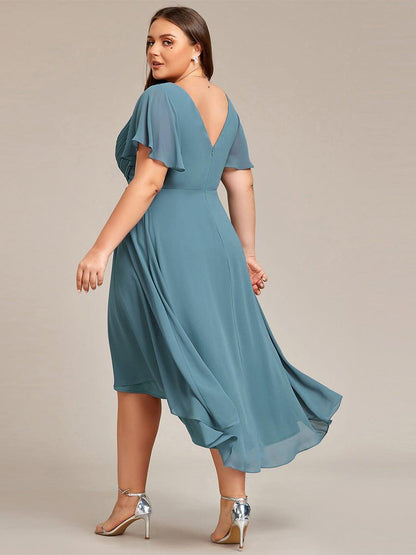 Chiffon High Low Wedding Guest Dress with V Neck and Short Sleeves 114