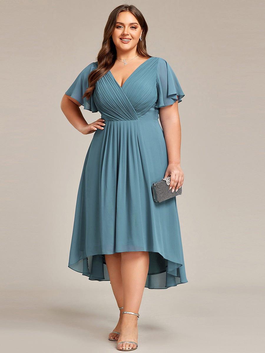 Chiffon High Low Wedding Guest Dress with V Neck and Short Sleeves 113