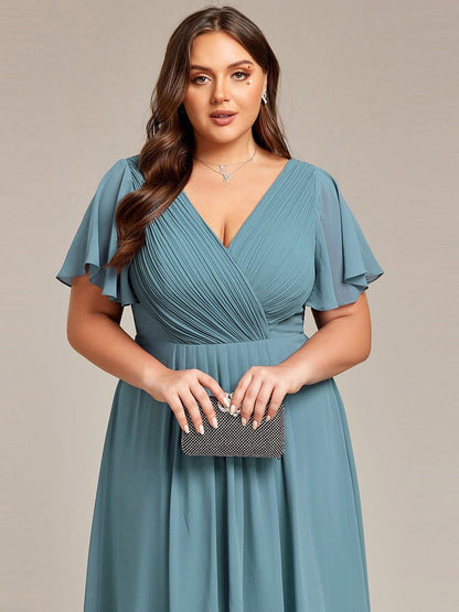 Chiffon High Low Wedding Guest Dress with V Neck and Short Sleeves 115
