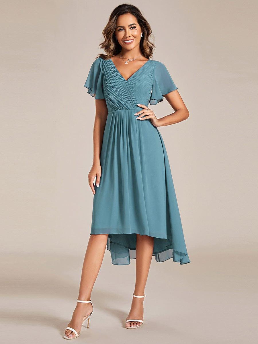Chiffon High Low Wedding Guest Dress with V Neck and Short Sleeves 108