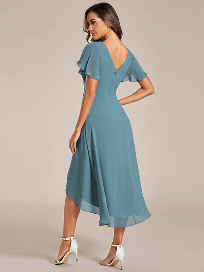 Chiffon High Low Wedding Guest Dress with V Neck and Short Sleeves 109