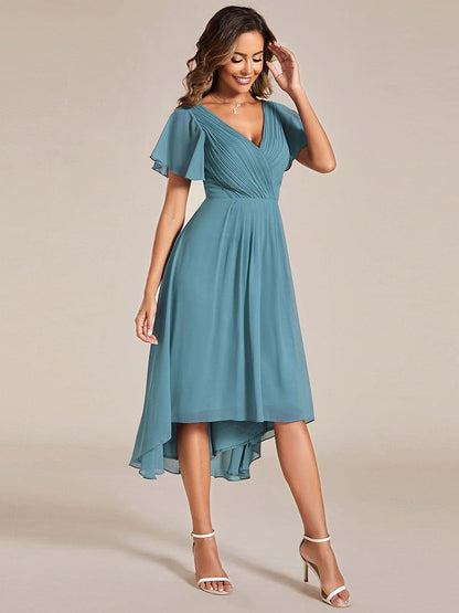 Chiffon High Low Wedding Guest Dress with V Neck and Short Sleeves 112