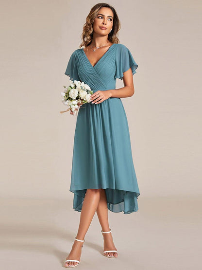 Chiffon High Low Wedding Guest Dress with V Neck and Short Sleeves 110