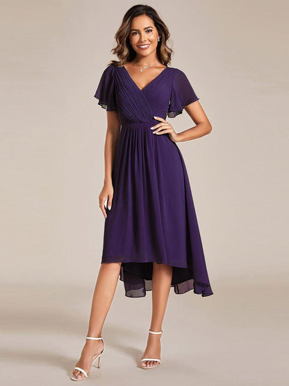 Chiffon High Low Wedding Guest Dress with V Neck and Short Sleeves 120