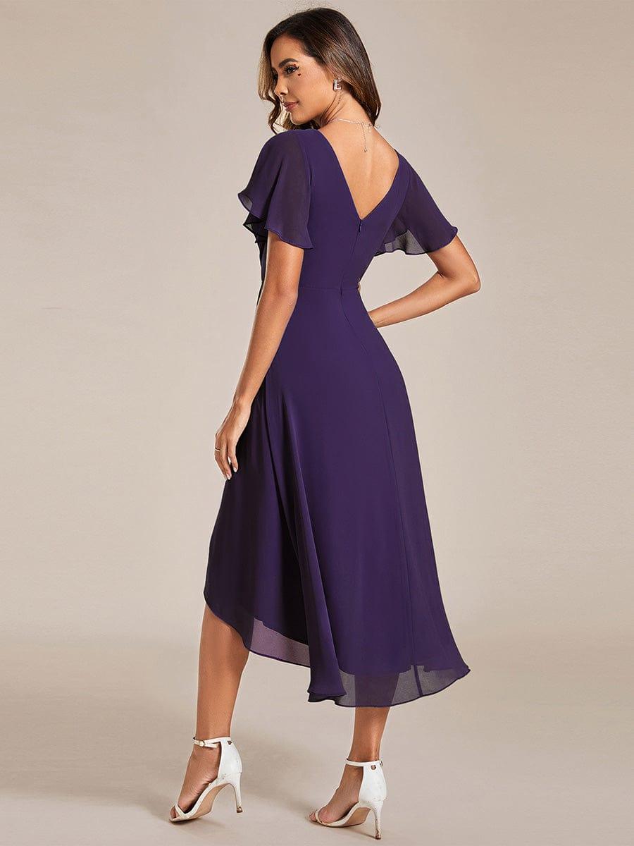 Chiffon High Low Wedding Guest Dress with V Neck and Short Sleeves 117