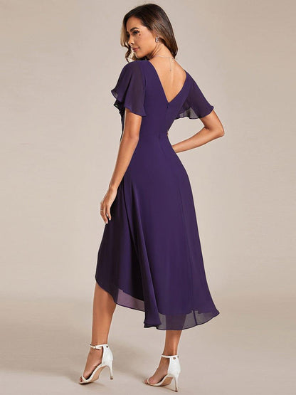 Chiffon High Low Wedding Guest Dress with V Neck and Short Sleeves 117
