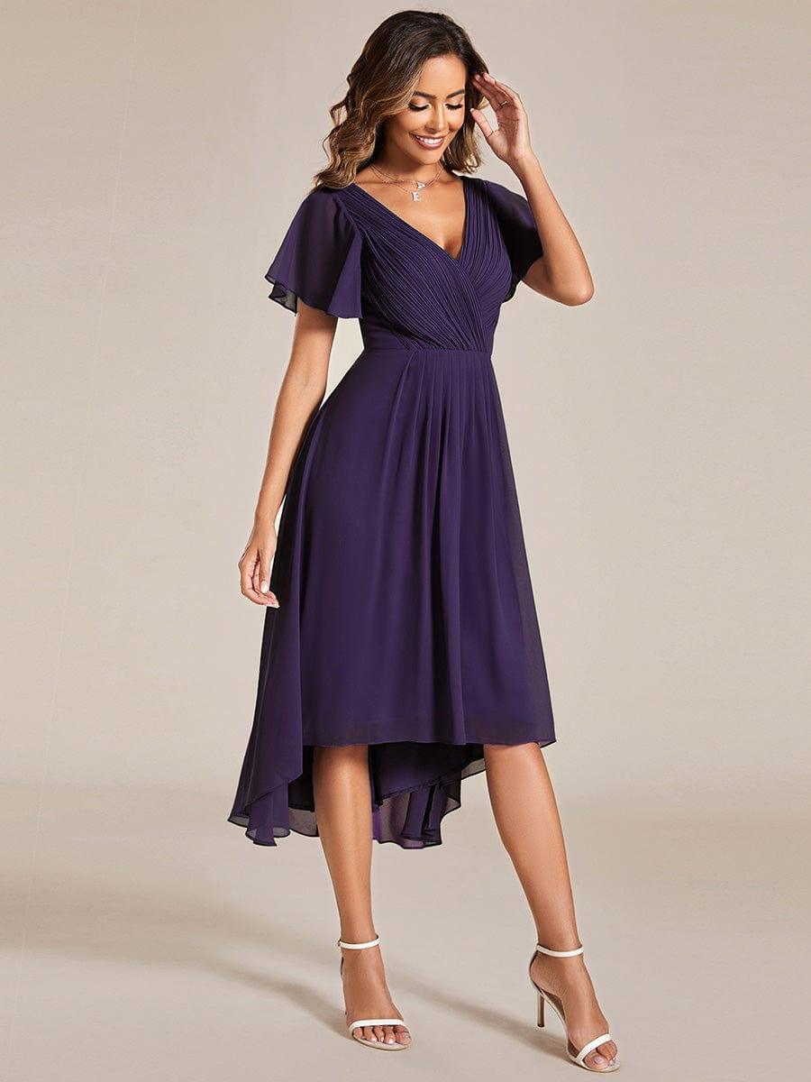 Chiffon High Low Wedding Guest Dress with V Neck and Short Sleeves 116
