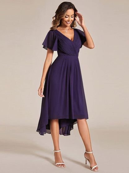 Chiffon High Low Wedding Guest Dress with V Neck and Short Sleeves 116