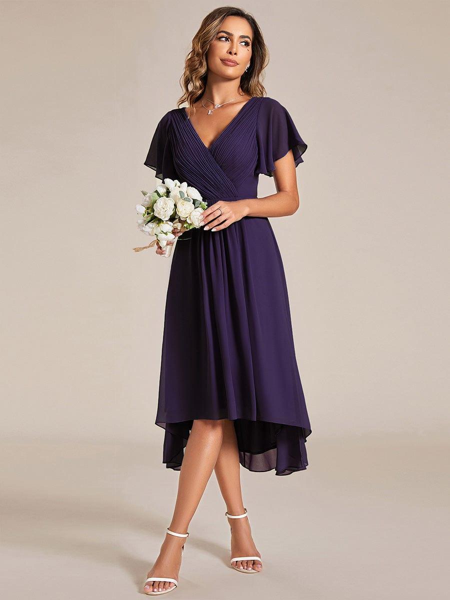 Chiffon High Low Wedding Guest Dress with V Neck and Short Sleeves 119