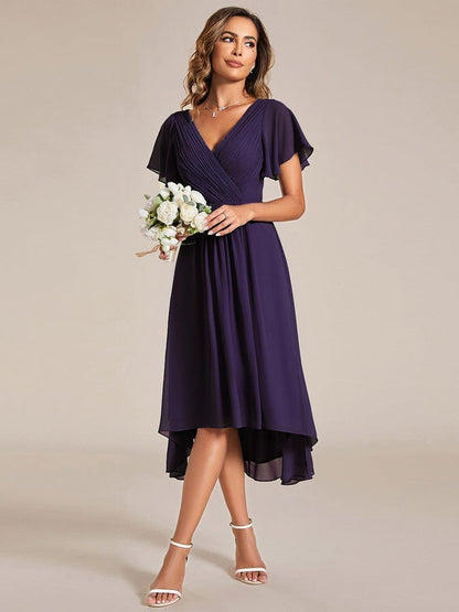 Chiffon High Low Wedding Guest Dress with V Neck and Short Sleeves 119
