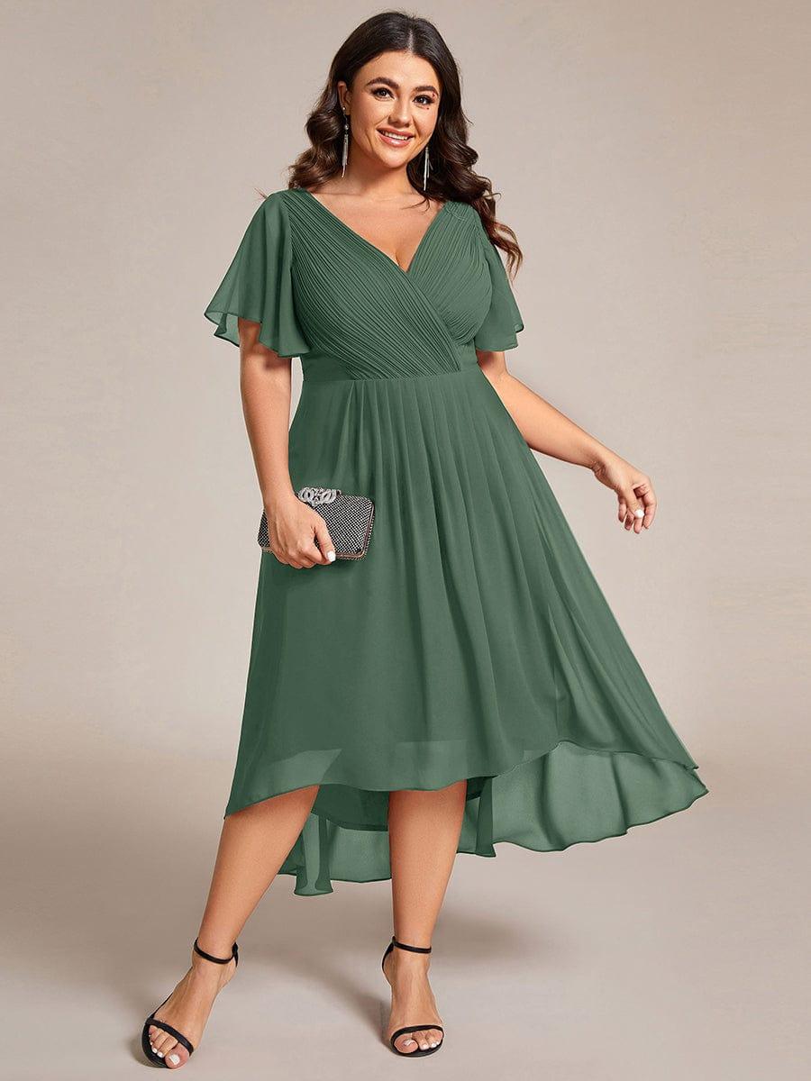 Chiffon High Low Wedding Guest Dress with V Neck and Short Sleeves 147