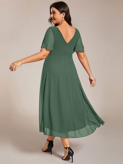Chiffon High Low Wedding Guest Dress with V Neck and Short Sleeves 148