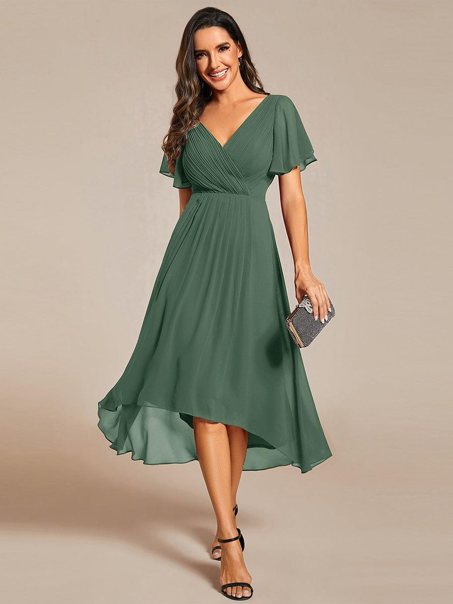 Chiffon High Low Wedding Guest Dress with V Neck and Short Sleeves 144