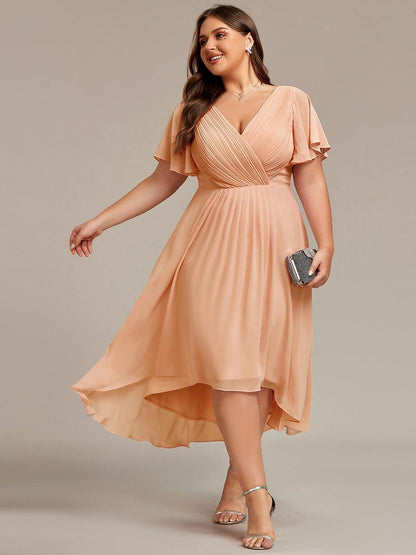 Chiffon High Low Wedding Guest Dress with V Neck and Short Sleeves 139
