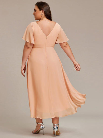 Chiffon High Low Wedding Guest Dress with V Neck and Short Sleeves 140