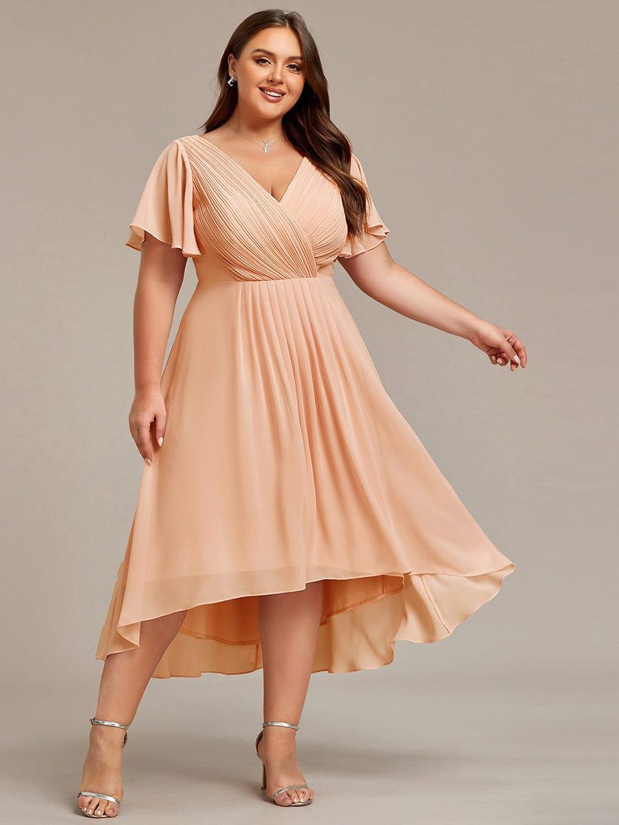 Chiffon High Low Wedding Guest Dress with V Neck and Short Sleeves 142