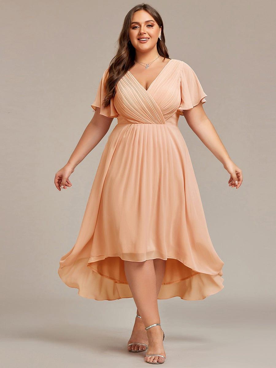 Chiffon High Low Wedding Guest Dress with V Neck and Short Sleeves 143