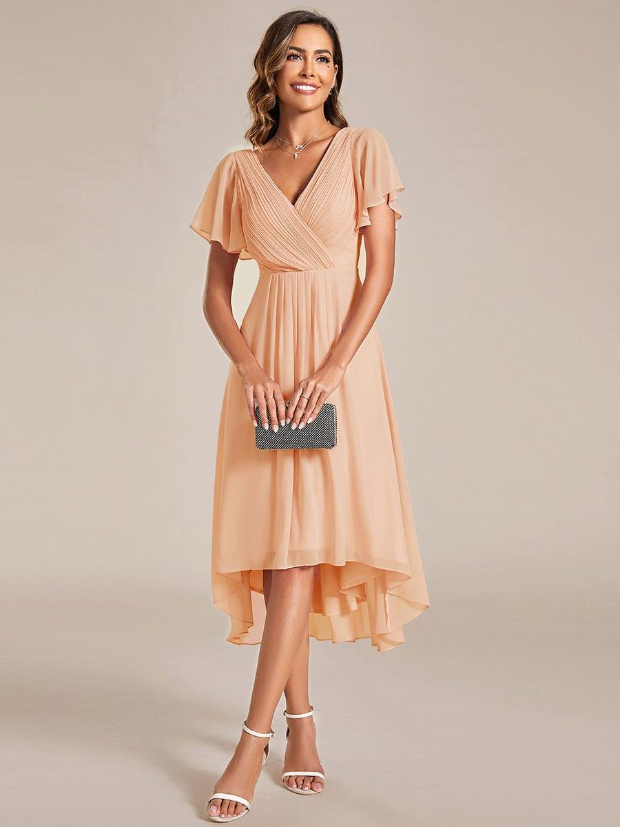 Chiffon High Low Wedding Guest Dress with V Neck and Short Sleeves 134
