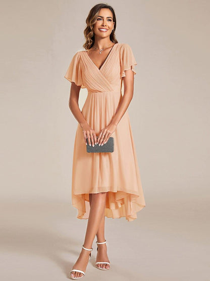 Chiffon High Low Wedding Guest Dress with V Neck and Short Sleeves 134