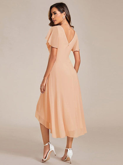 Chiffon High Low Wedding Guest Dress with V Neck and Short Sleeves 135