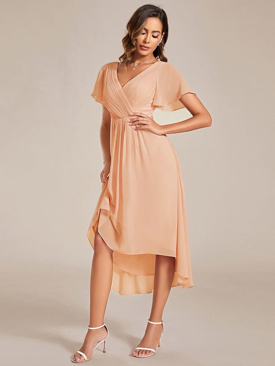 Chiffon High Low Wedding Guest Dress with V Neck and Short Sleeves 137