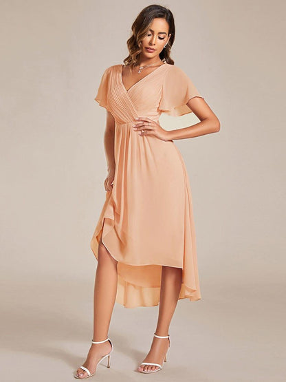 Chiffon High Low Wedding Guest Dress with V Neck and Short Sleeves 137