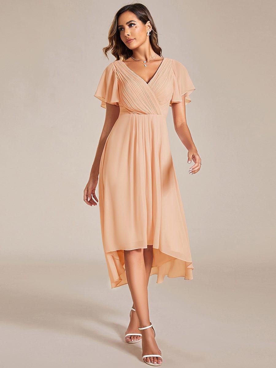 Chiffon High Low Wedding Guest Dress with V Neck and Short Sleeves 138