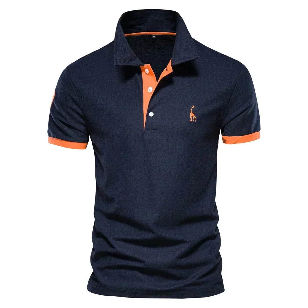 Navy short-sleeved polo with orange placket, collar trim, cuffs and embroidered giraffe on the chest 1