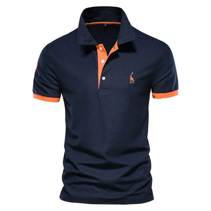 Navy short-sleeved polo with orange placket, collar trim, cuffs and embroidered giraffe on the chest 1
