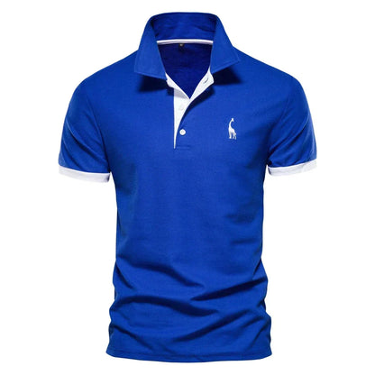 Royal blue short-sleeved polo with white placket, cuffs and a small white embroidered giraffe 2