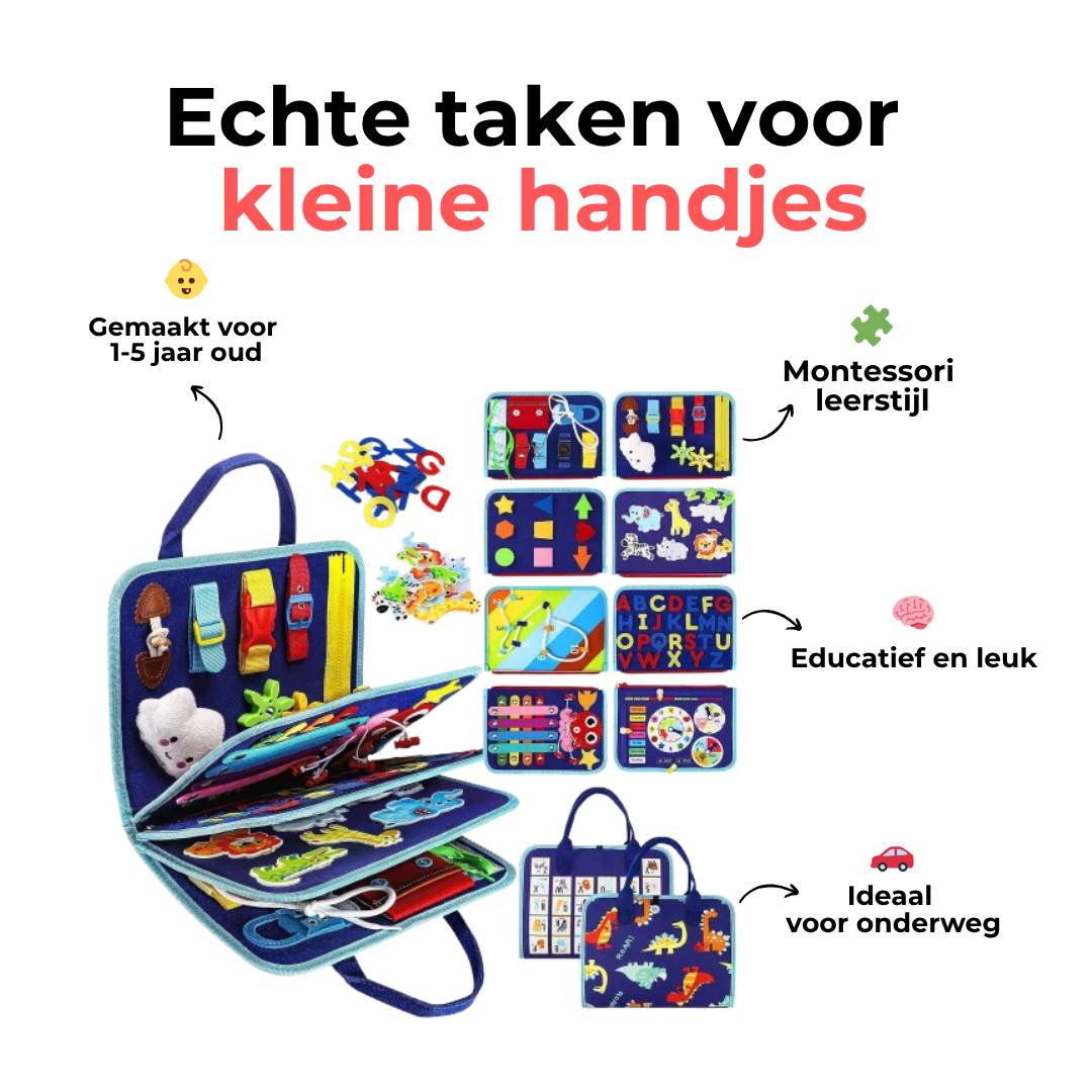 Blue book with panel thumbnails and Dutch callouts describing its age range, Montessori style and portability 9
